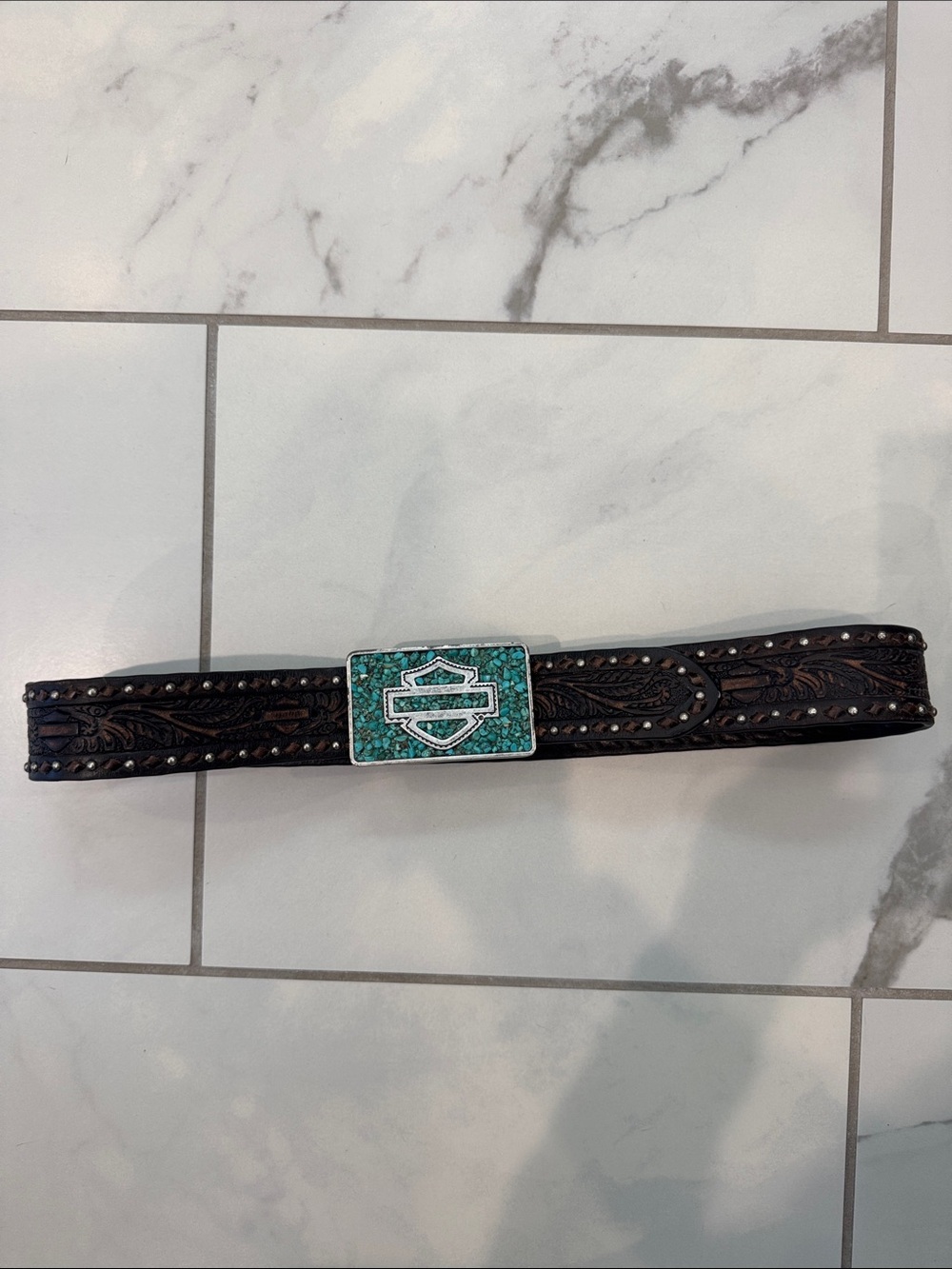 Harley-Davidson Brown Tooled Leather Belt with Turquoise Mosaic Buckle